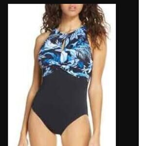Tommy Bahama 1Piece Indigo Garden 10 Bathing Suit black Blue Floral Keyhole NEW